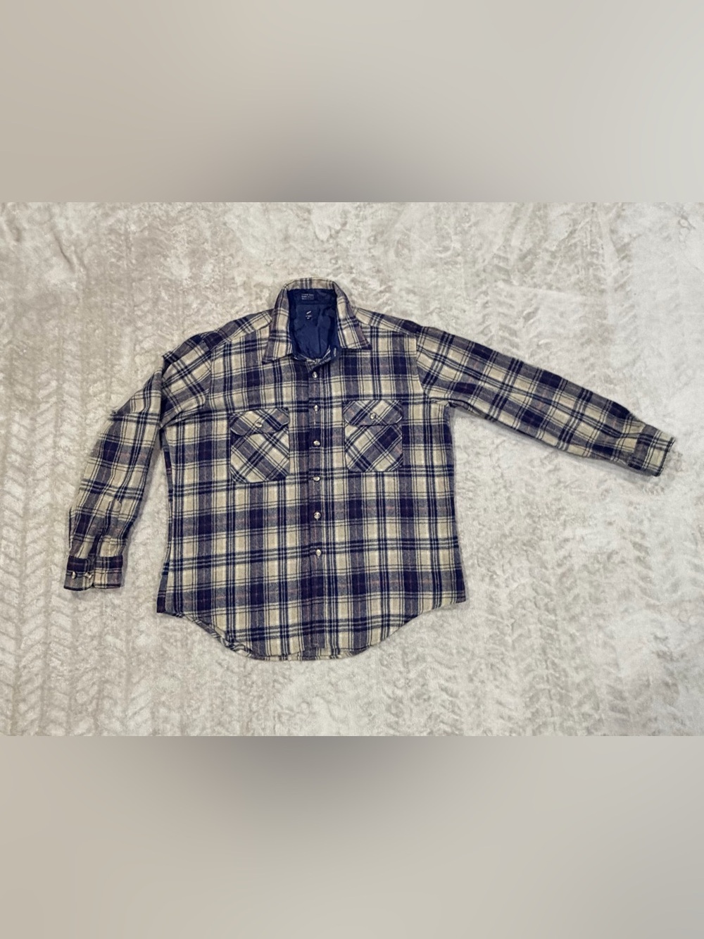Briggs VTG Rugged Wool Blend Plaid Flannel Shirt Mens XL Blue Tan Quilted Lined